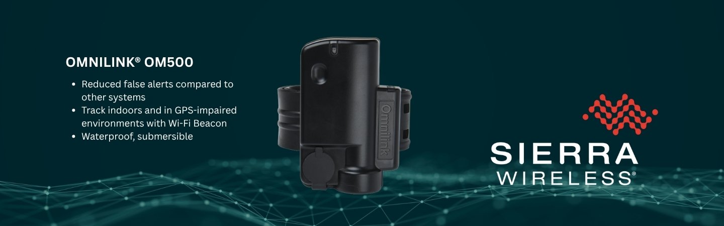 Omnilink OM500 GPS ankle monitor on a dark teal promotional banner