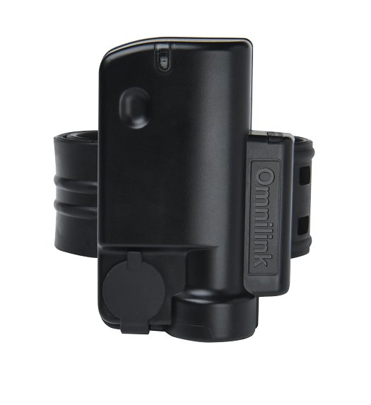 Omnilink OM500 GPS ankle monitor &mdash; black one-piece device with a flexible securing strap