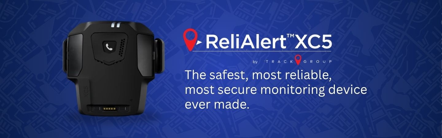ReliAlert XC5 GPS ankle monitor on a dark blue promotional banner